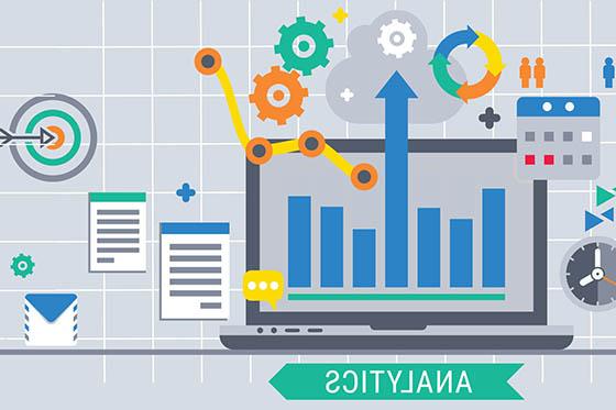 Graphic for data analytics featuring clipart laptop, charts, arrows, and multicolored shapes.