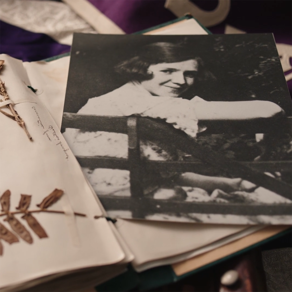 Close-up photo of a scrapbook with dried flowers 和 a black 和 white photo clipping of 瑞秋卡森